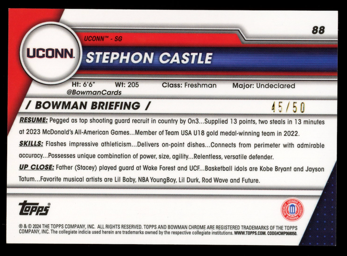 STEPHON CASTLE 2023-24 Bowman U Chrome 1st Gold Shimmer Refractor /50 #88 UCONN
