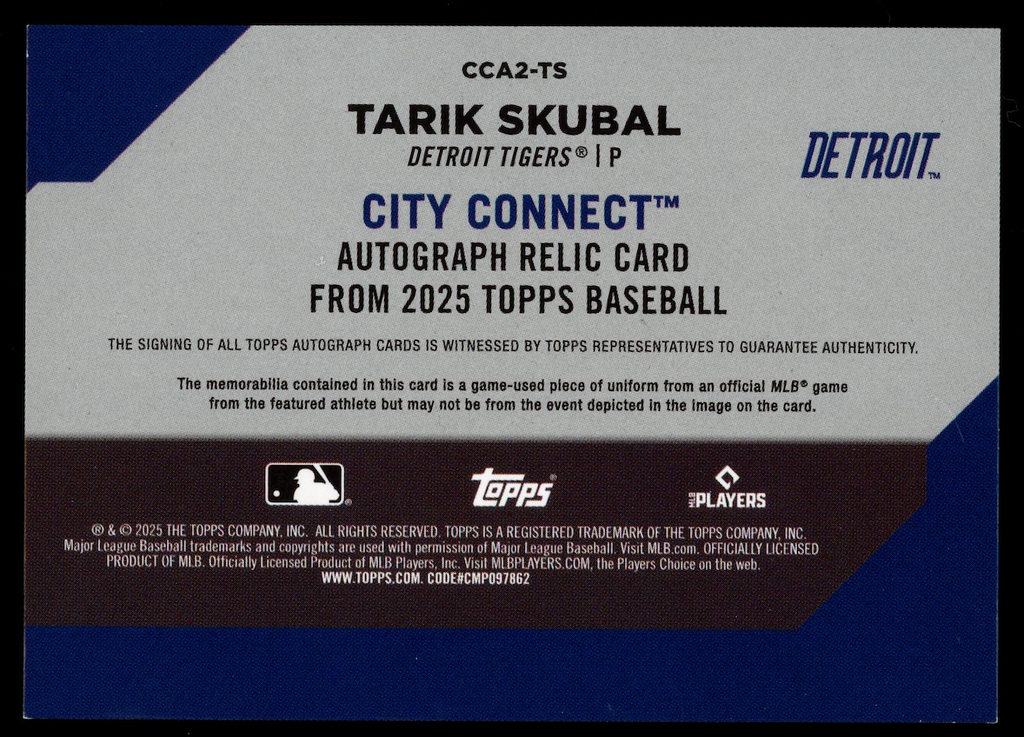 TARIK SKUBAL 2025 Topps City Connect Game Used Patch Auto #CCA2-TS Tigers