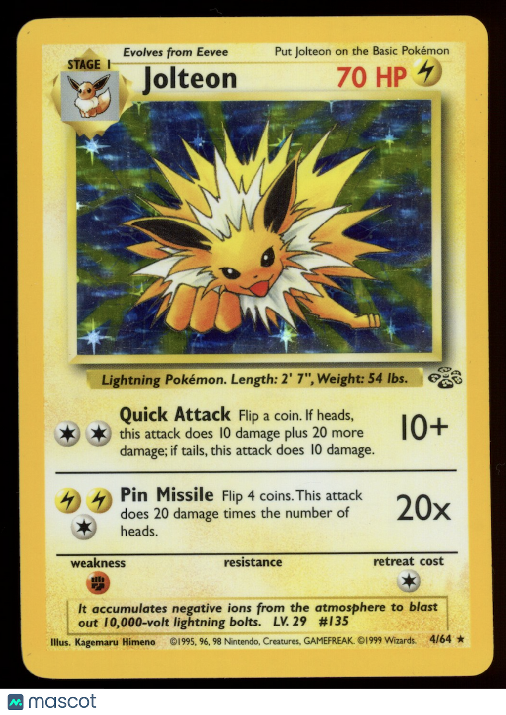JOLTEON 1999 Pokemon Jungle Holo Rare #4/64
