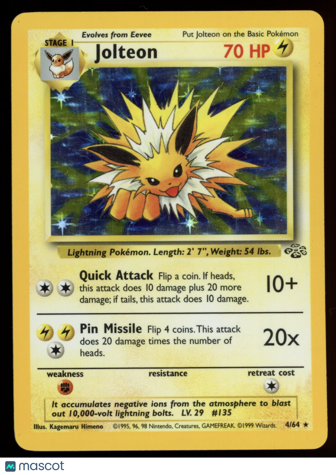 JOLTEON 1999 Pokemon Jungle Holo Rare #4/64