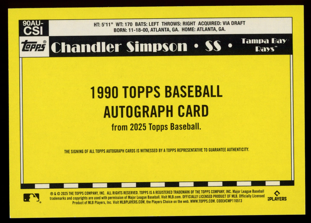 CHANDLER SIMPSON 2025 Topps 1990 Rookie Auto Orange /25 #90AU-CSI Rays