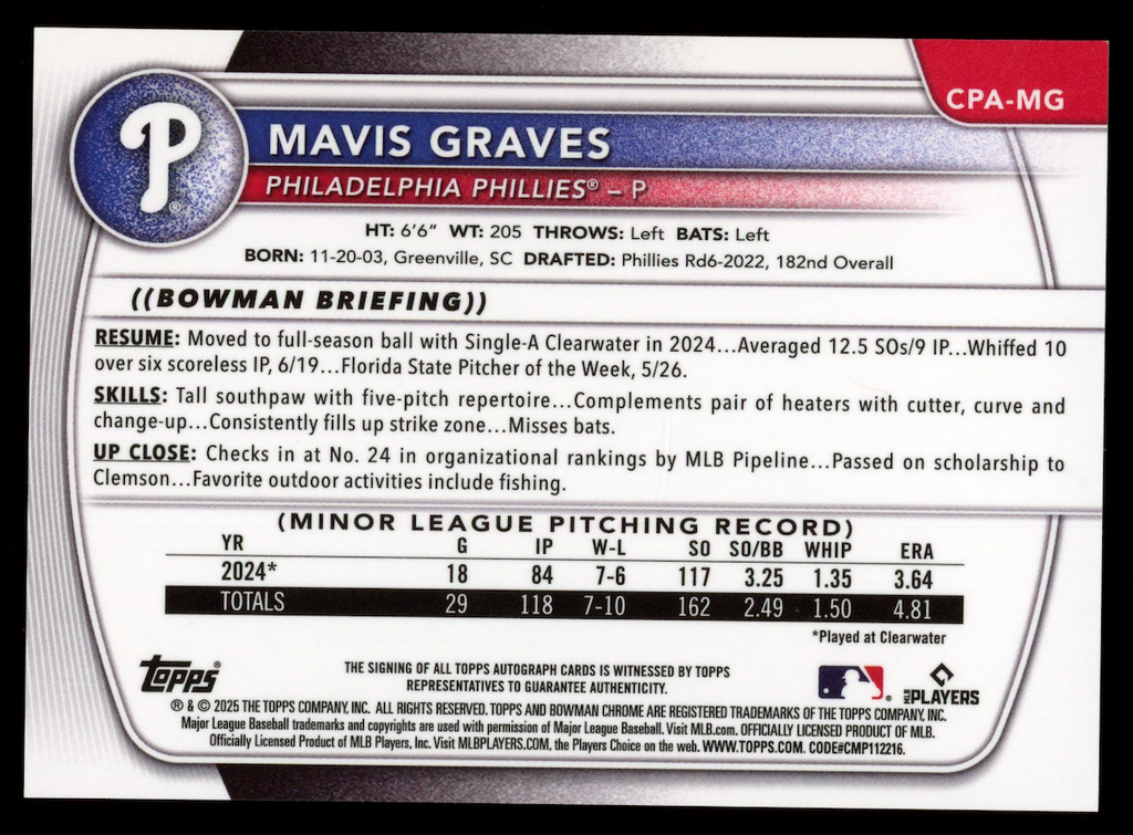 MAVIS GRAVES 2025 Bowman Chrome 1st Prospect Blue RayWave Auto /150 #CPA-MG