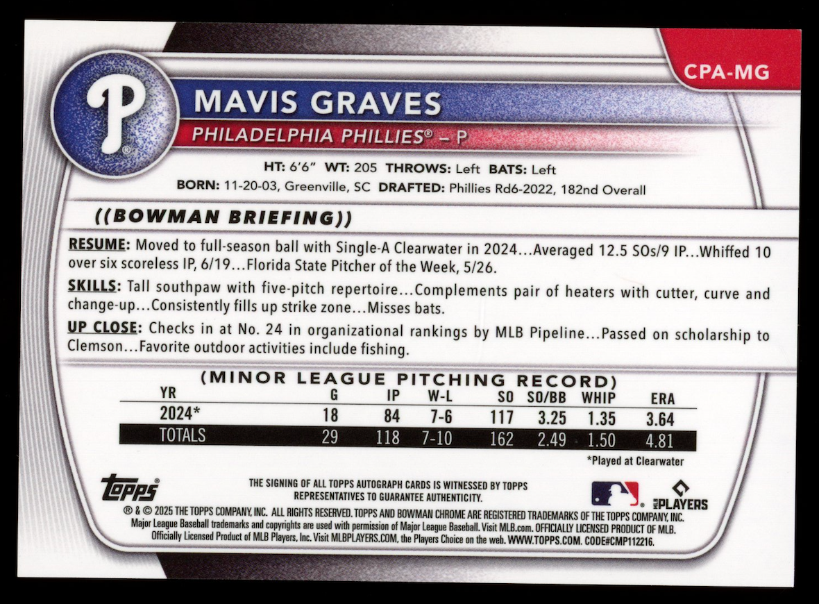 MAVIS GRAVES 2025 Bowman Chrome 1st Prospect Blue RayWave Auto /150 #CPA-MG