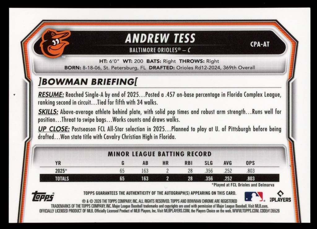 ANDREW TESS 2026 Bowman Chrome 1st Prospect Auto Green Grass /99 #CPA-AT Orioles