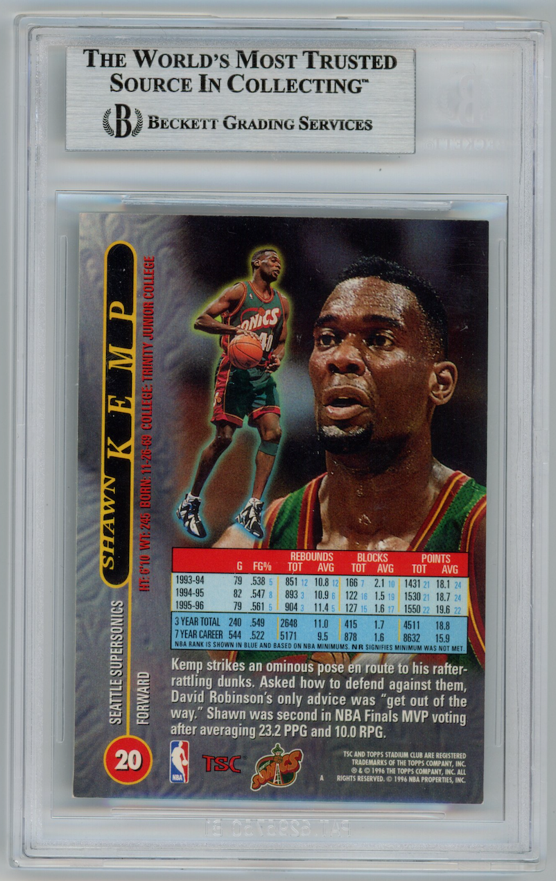 SHAWN KEMP 1996-97 Topps Stadium Club BGS Authentic Auto Signed #20 Supersonics