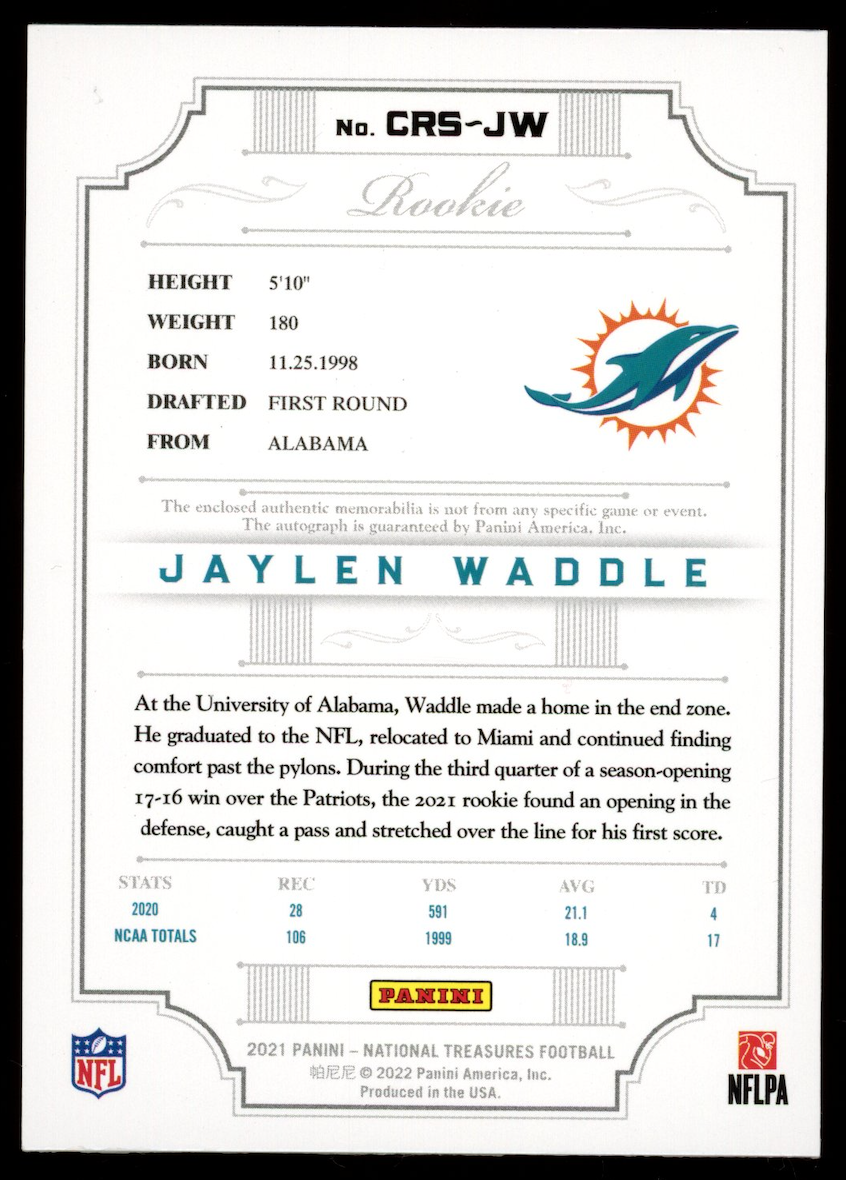 JAYLEN WADDLE 2021 Panini National Treasures Crossover Rookie Patch Auto /99