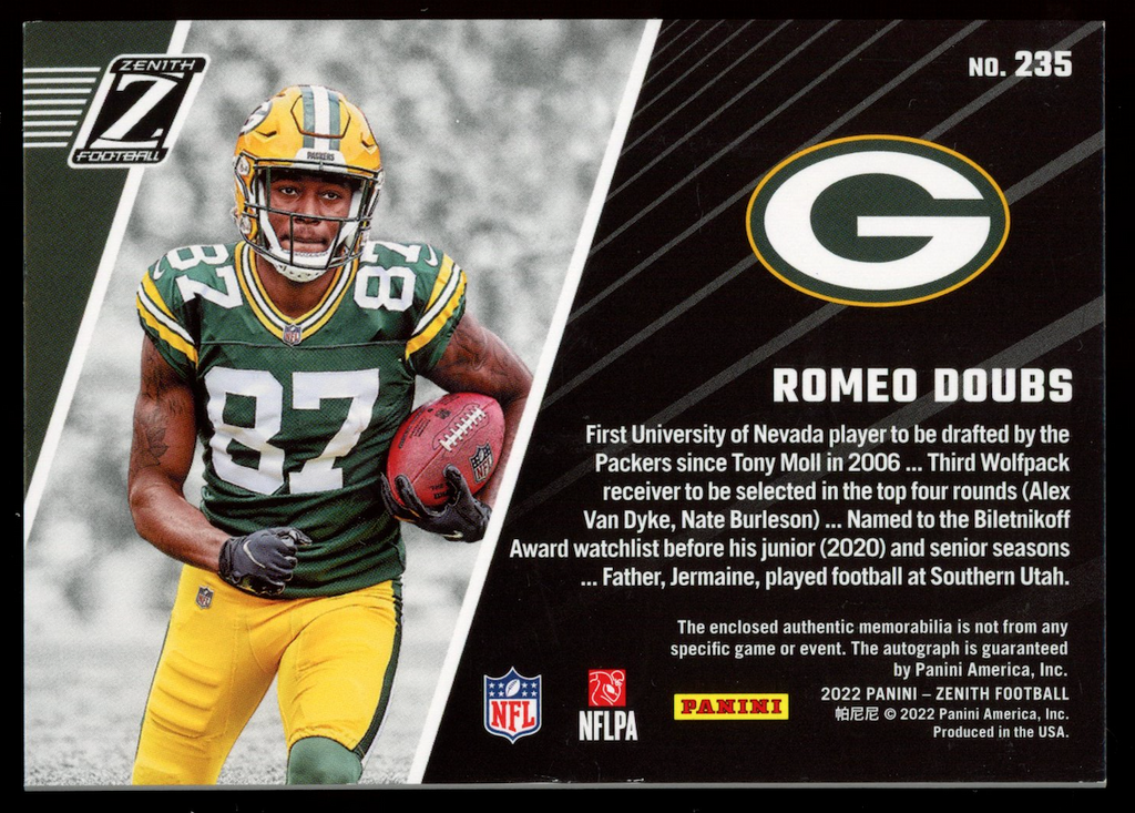ROMEO DOUBS 2022 Panini Zenith Rookie Patch Auto Silver Proof /25 #235 Packers