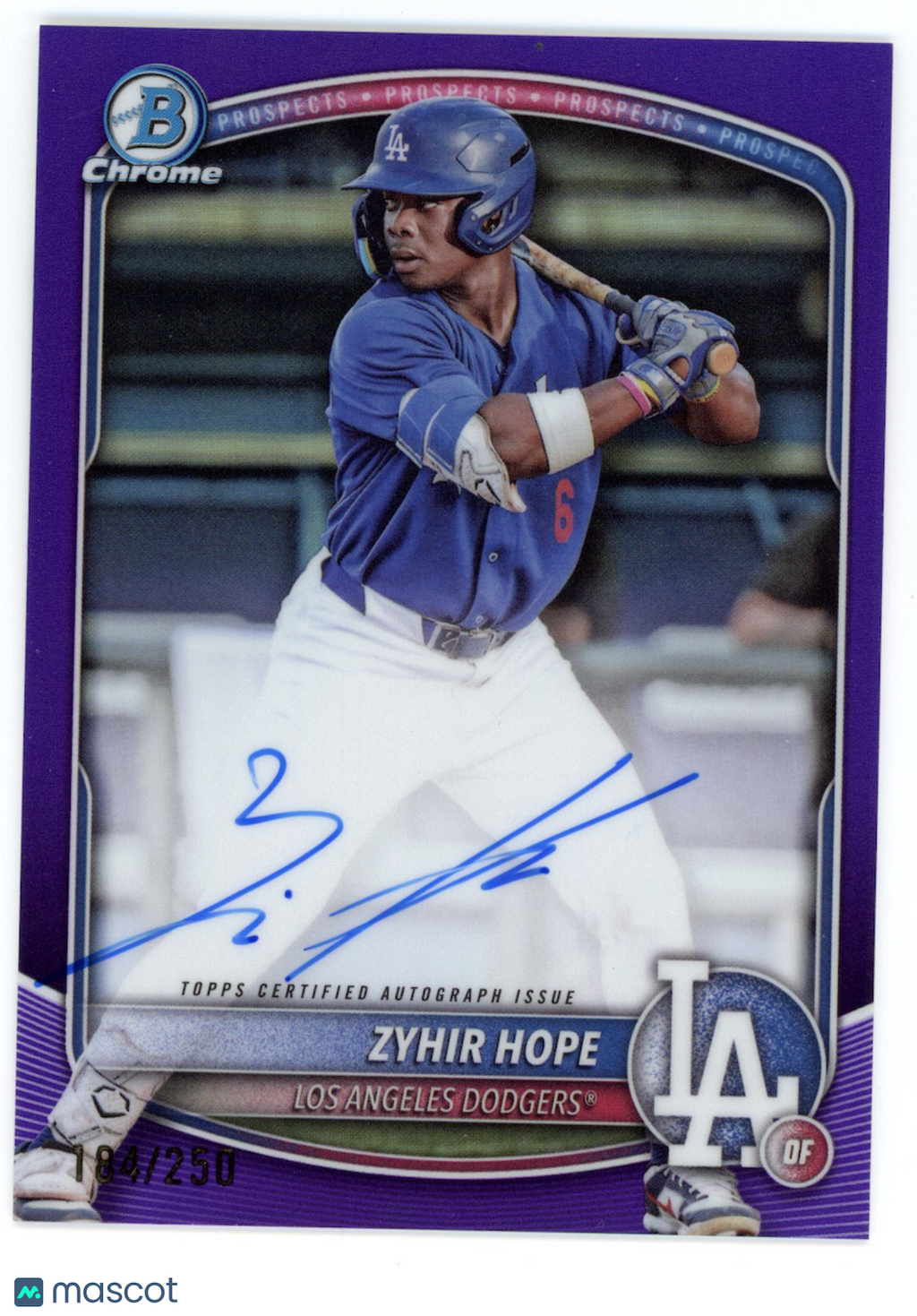ZYHIR HOPE 2025 Bowman Chrome Auto Purple Refractor /250 #CPA-ZH Dodgers