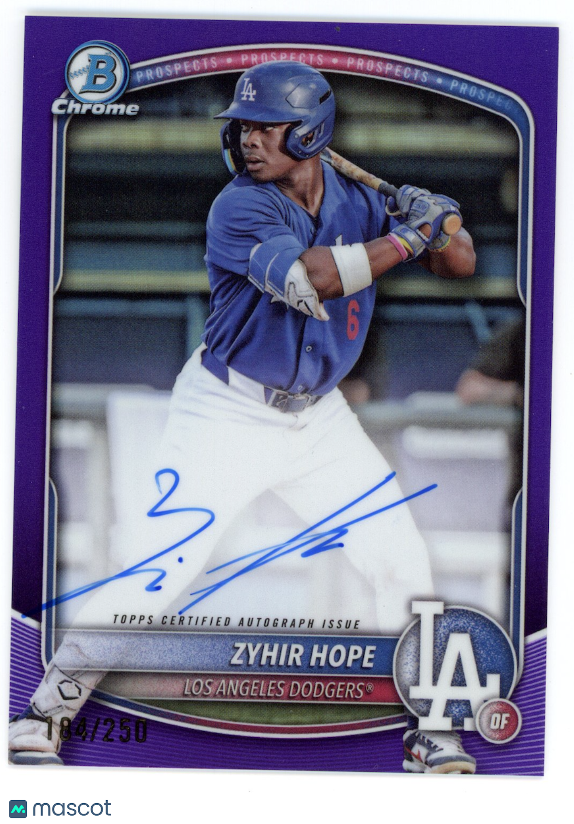 ZYHIR HOPE 2025 Bowman Chrome Auto Purple Refractor /250 #CPA-ZH Dodgers