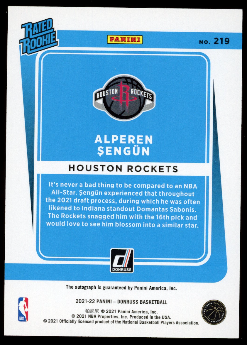 ALPEREN SENGUN 2021-22 Panini Donruss Rated Rookie Auto #219 Rockets