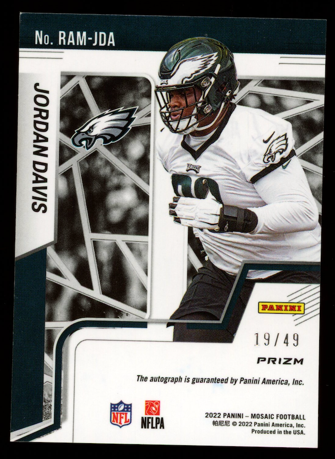 JORDAN DAVIS 2022 Panini Mosaic Rookie Auto Purple Prizm /49 #RAM-JDA Eagles