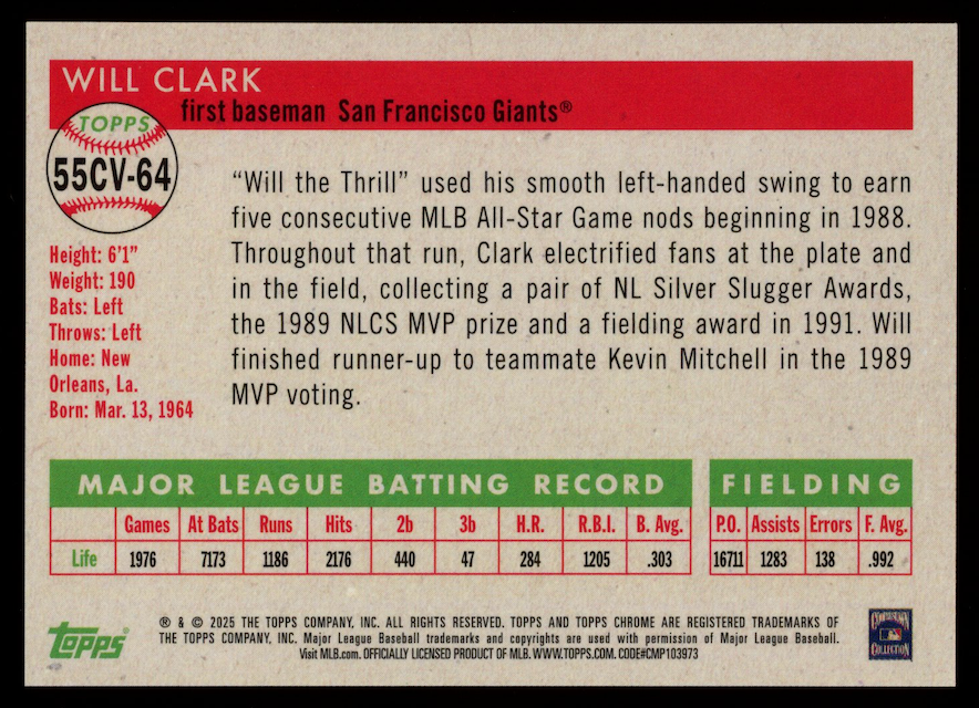 WILL CLARK 2025 Topps Chrome Platinum City Image Variation SP #55CV-64 Giants