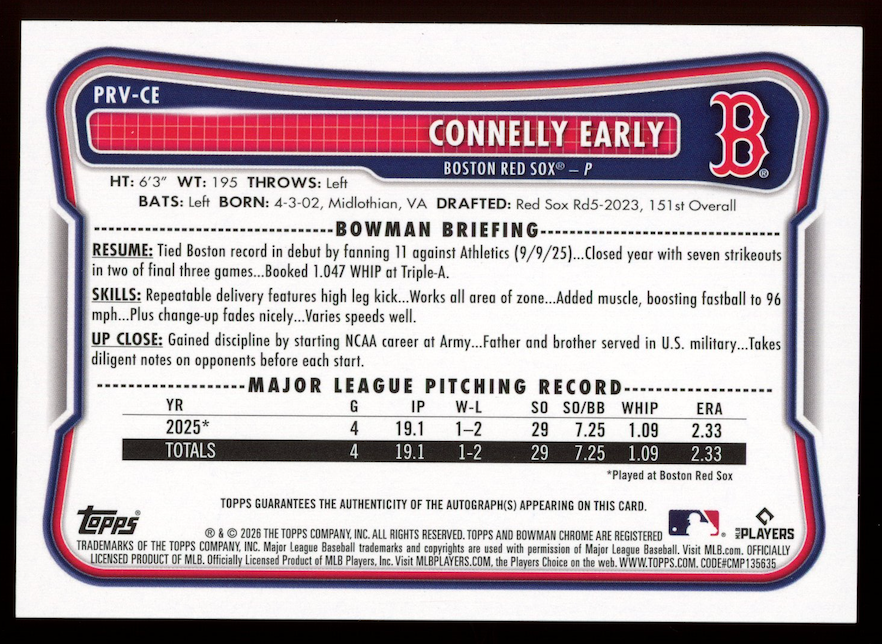 CONNELLY EARLY 2026 Bowman Rookie Auto Paper #PRV-CE Red Sox