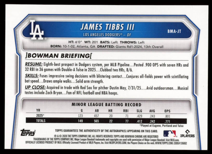 JAMES TIBBS III 2026 Bowman Chrome Prospect Auto Blue Mojo Refractor /150 #BMAJT