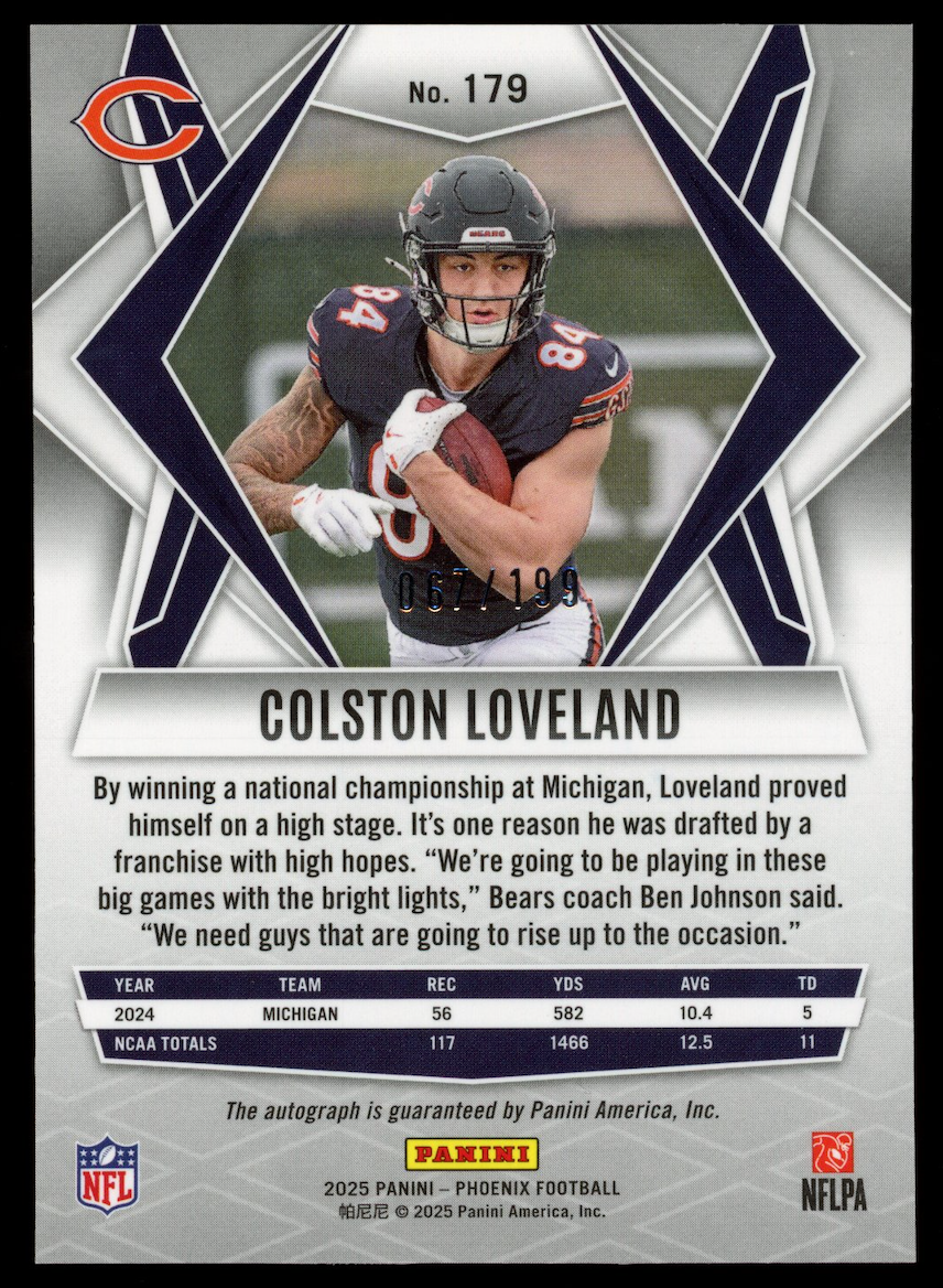 COLSTON LOVELAND 2025 Panini Phoenix Rookie Auto Silver Prizm /199 #179 Bears