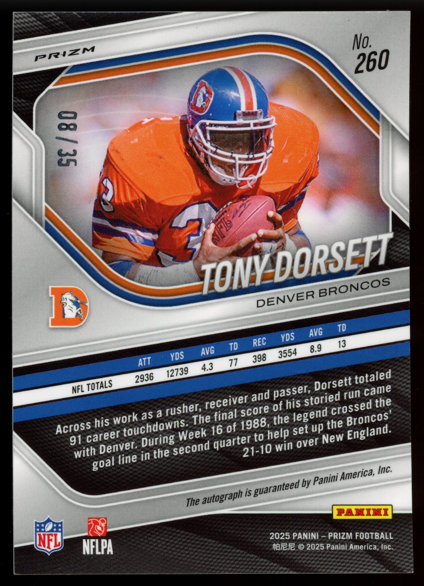 TONY DORSETT 2025 Panini Prizm Red Shimmer FOTL Auto /35 #260 Broncos