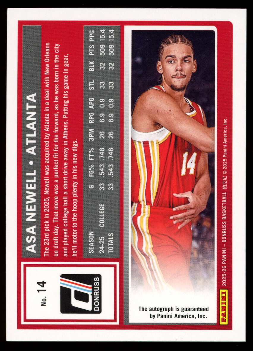 ASA NEWELL 2025-26 Panini Donruss Rated Rookie Auto Holo /75 #14 Hawks