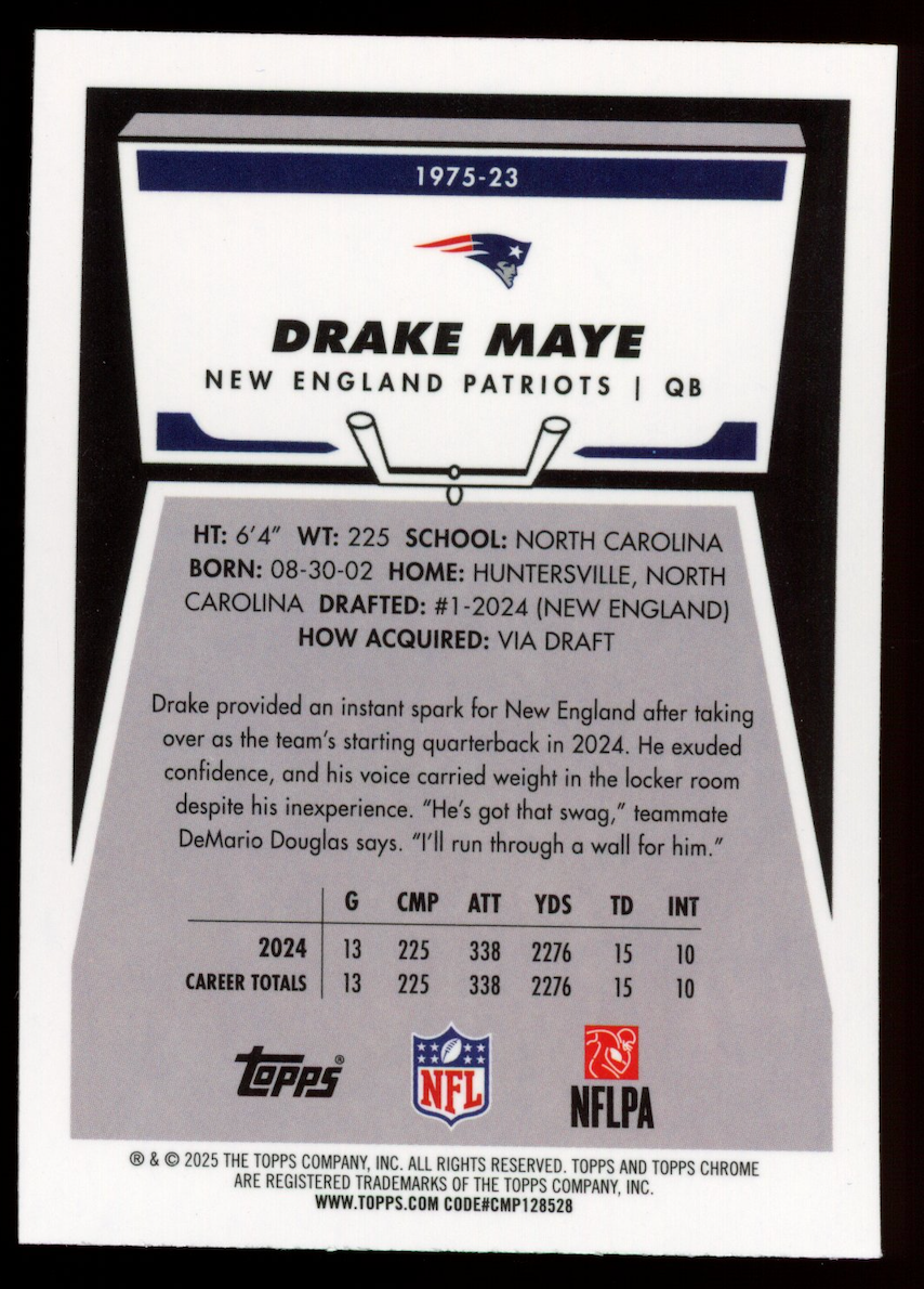 DRAKE MAYE 2025 Topps Chrome 1975 Pink Refractor /250 #1975-23 Patriots