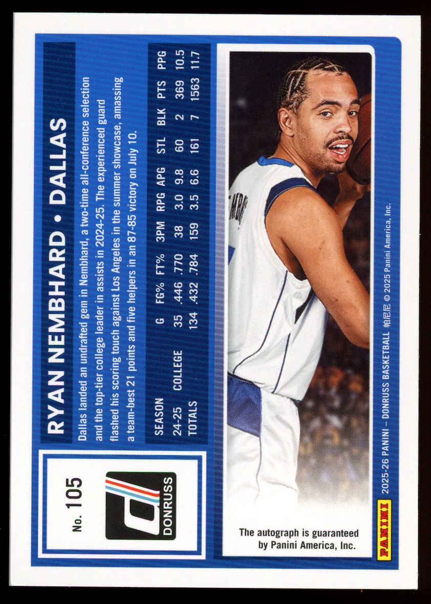 RYAN NEMBHARD 2025-26 Panini Donruss Rated Rookie Blue Auto /25 #105 Mavericks