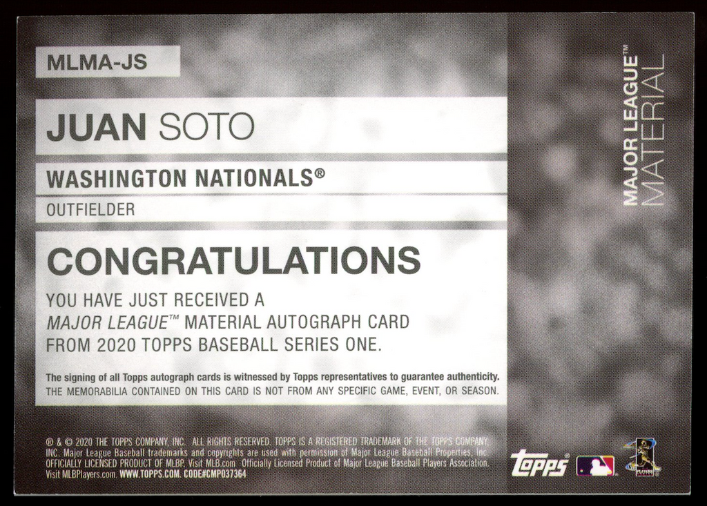 JUAN SOTO 2020 Topps Series 1 Major League Material Bat Relic Patch Auto /50
