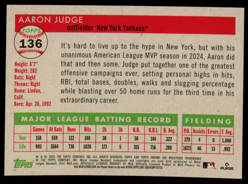 AARON JUDGE 2025 Topps Chrome Platinum Orange Toile Refractor /25 #136 Yankees