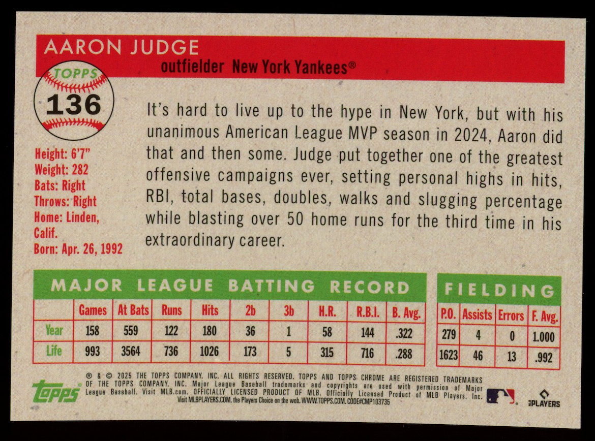 AARON JUDGE 2025 Topps Chrome Platinum Orange Toile Refractor /25 #136 Yankees