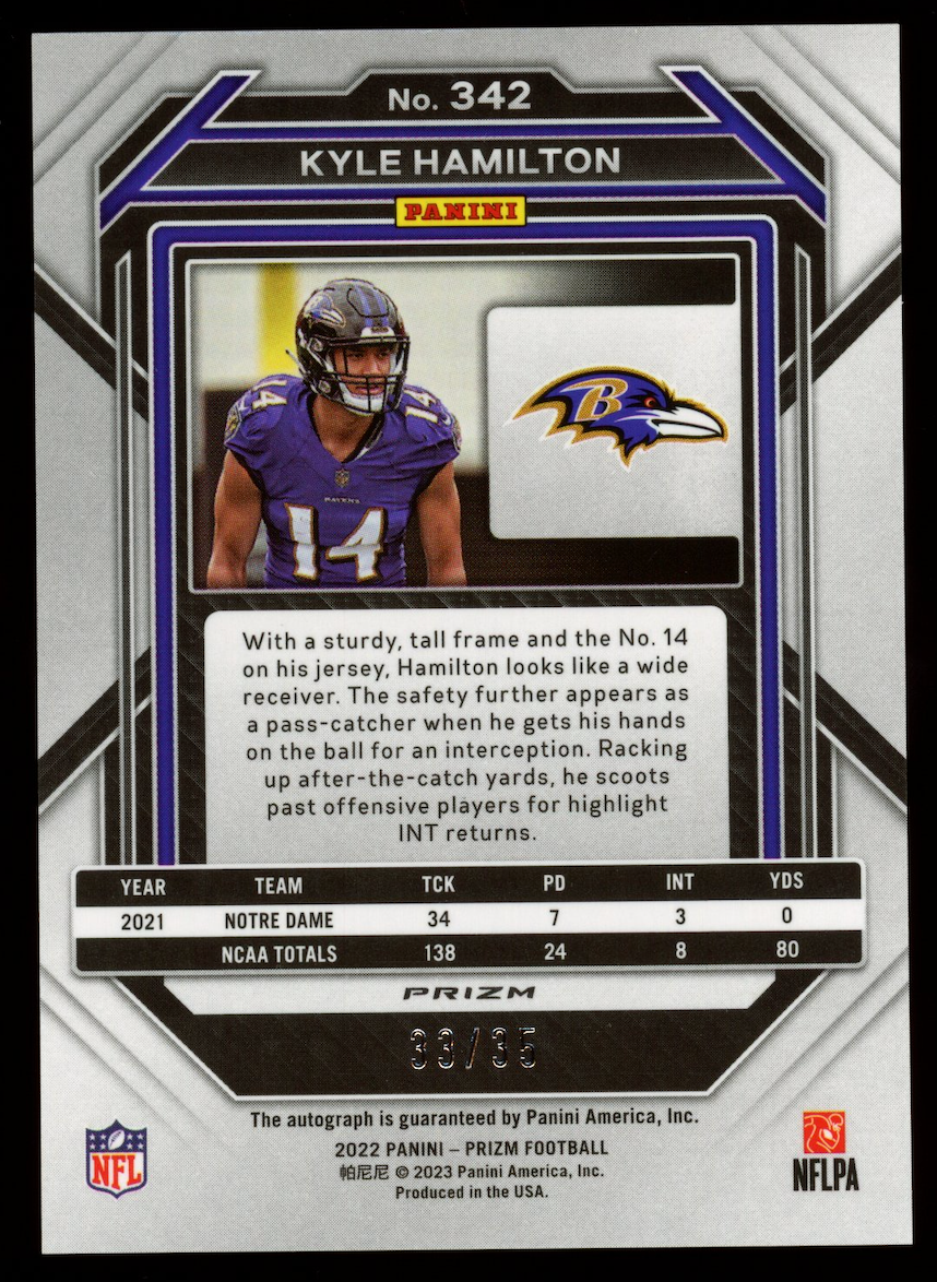 KYLE HAMILTON 2023 Panini Prizm  Rookie Auto Red Shimmer FOTL /35 #342 Ravens