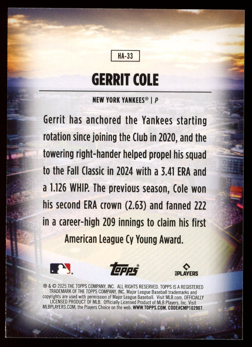 GERRIT COLE 2025 Topps Home Field Advantage Case Hit SSP #HA-33 Yankees