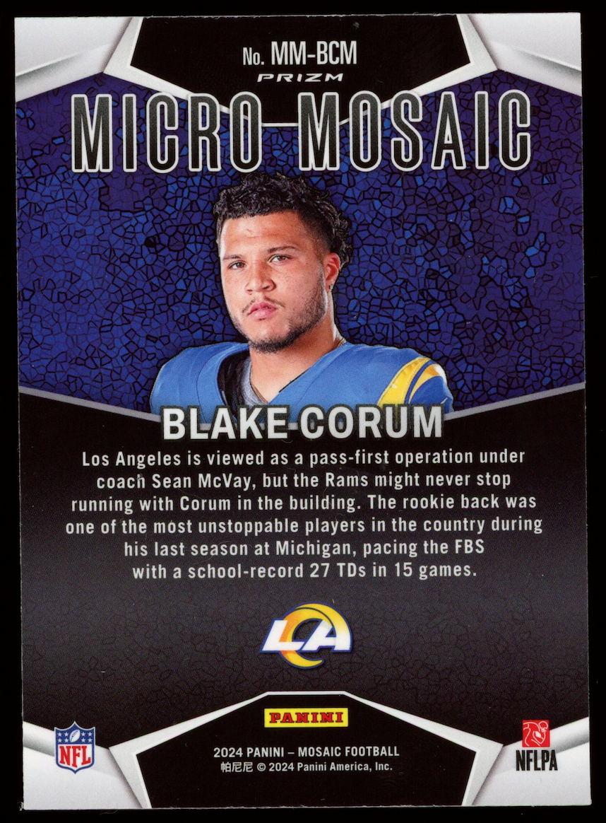 BLAKE CORUM 2024 Panini Mosaic Micro Mosaic Rookie Case Hit SSP #MM-BCM Rams