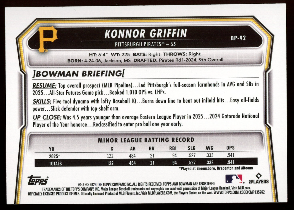 KONNOR GRIFFIN 2026 Bowman Orange Scorecard Variation /25 #BP-92 Pirates