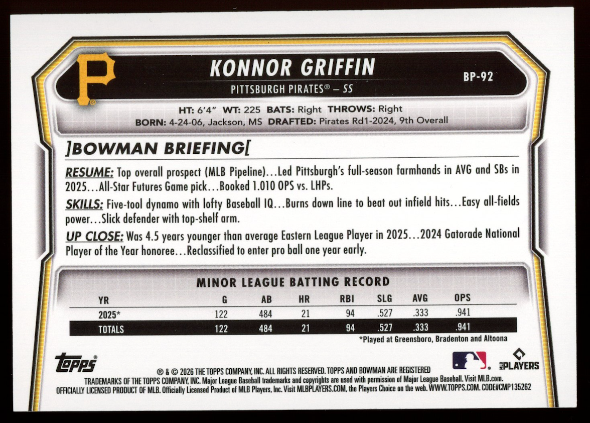 KONNOR GRIFFIN 2026 Bowman Orange Scorecard Variation /25 #BP-92 Pirates