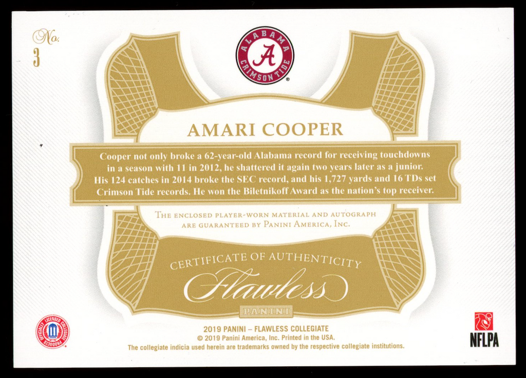 AMARI COOPER 2019 Panini Flawless Collegiate Patch Auto /10 #3 Alabama