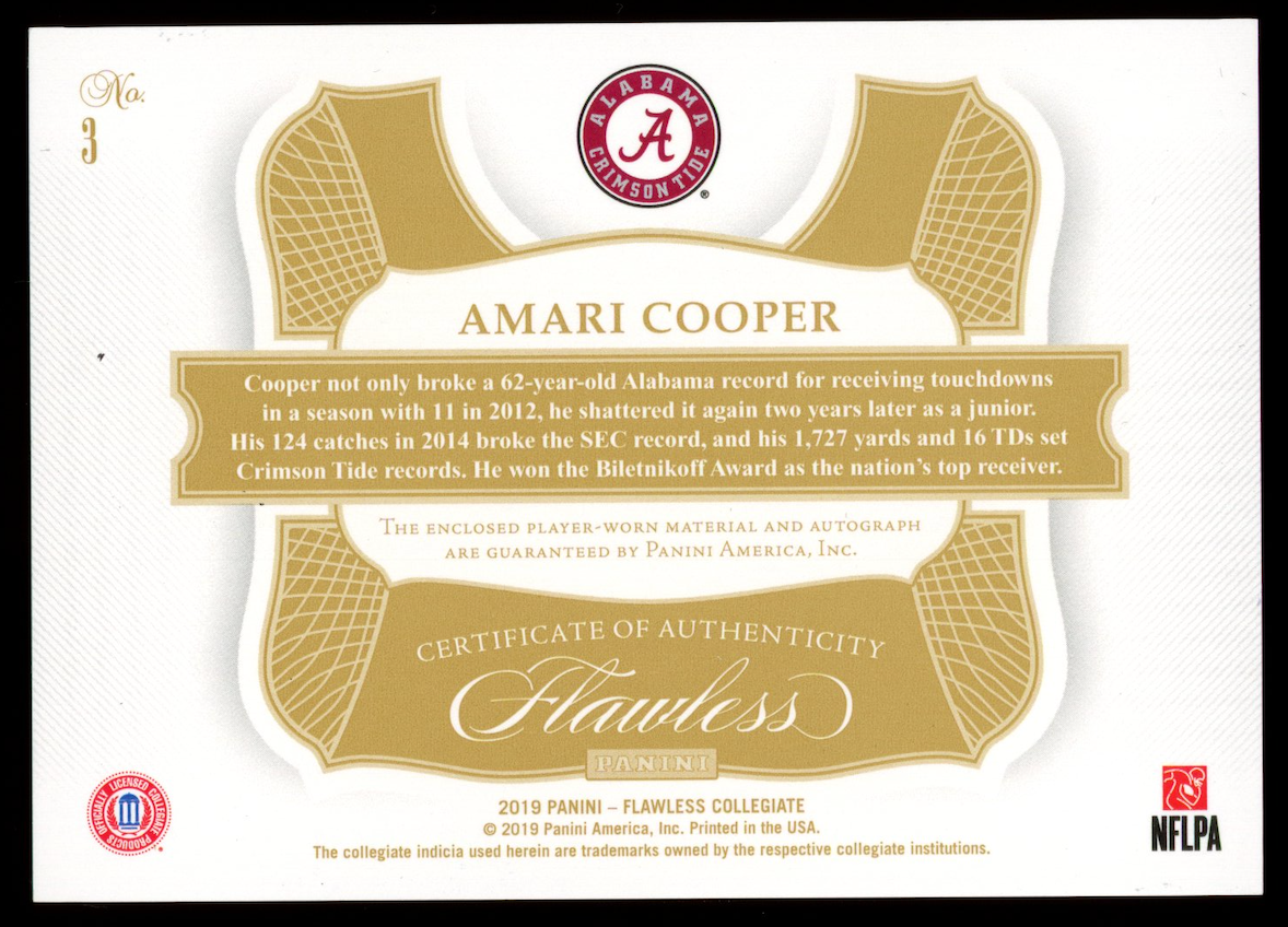 AMARI COOPER 2019 Panini Flawless Collegiate Patch Auto /10 #3 Alabama