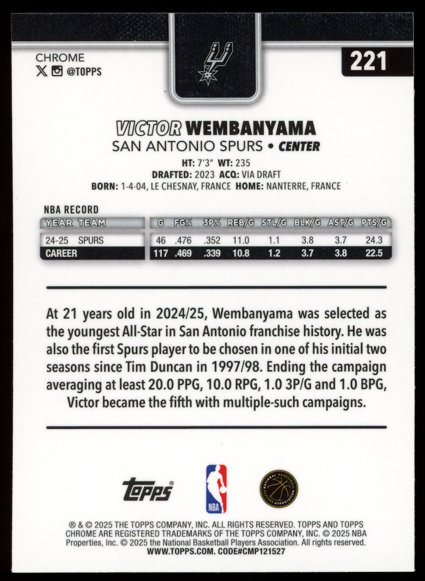 VICTOR WEMBANYAMA 2025-26 Topps Chrome Refractor #221 Spurs