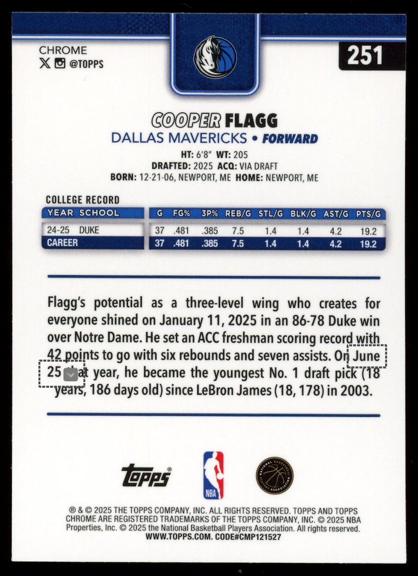 COOPER FLAGG 2025-26 Topps Chrome Rookie Red White & Blue Refractor #251 Mavs