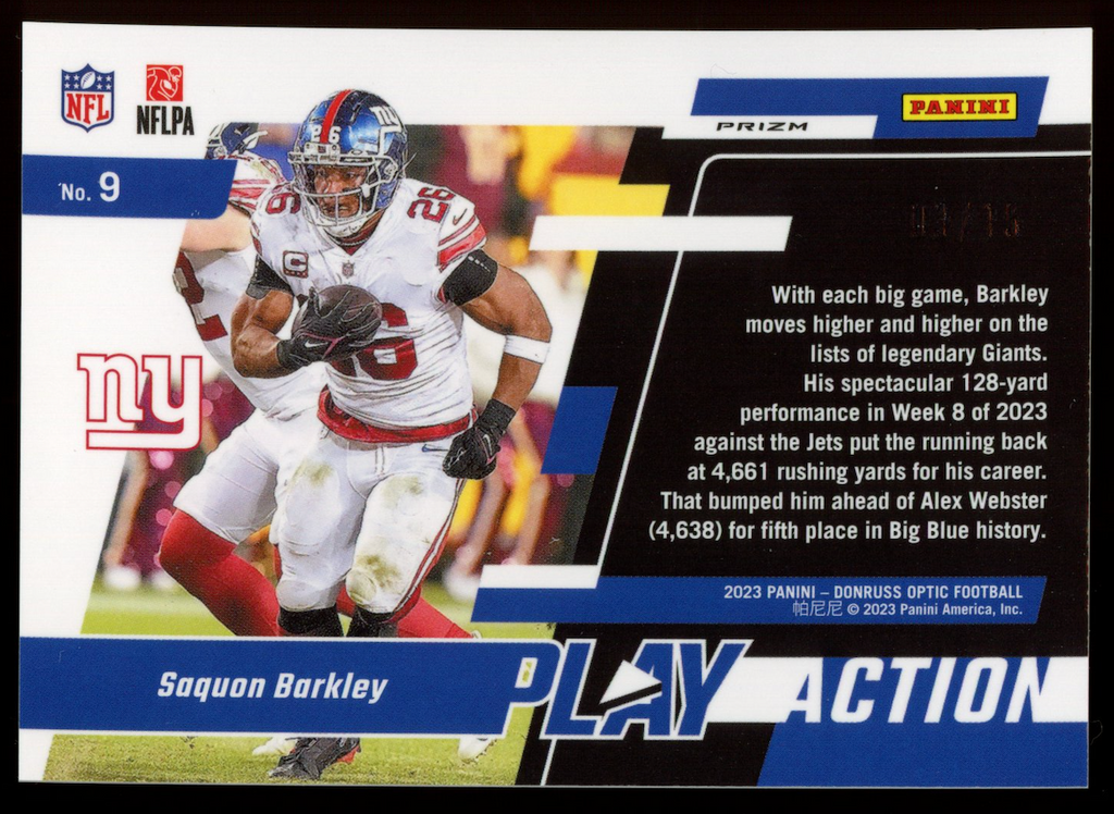 SAQUON BARKLEY 2023 Panini Donruss Optic Play Action Ice Prizm /15 #9 Giants