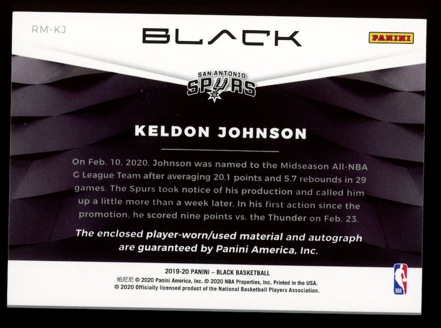 KELDON JOHNSON 2019-20 Panini Black Rookie Dual Patch Auto /49 #RM-KJ Spurs