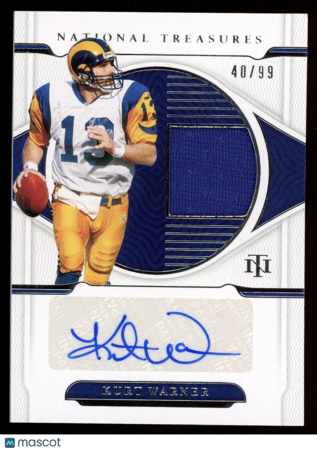 KURT WARNER 2021 Panini National Treasures Patch Auto /99 #MS-KW HOF Rams