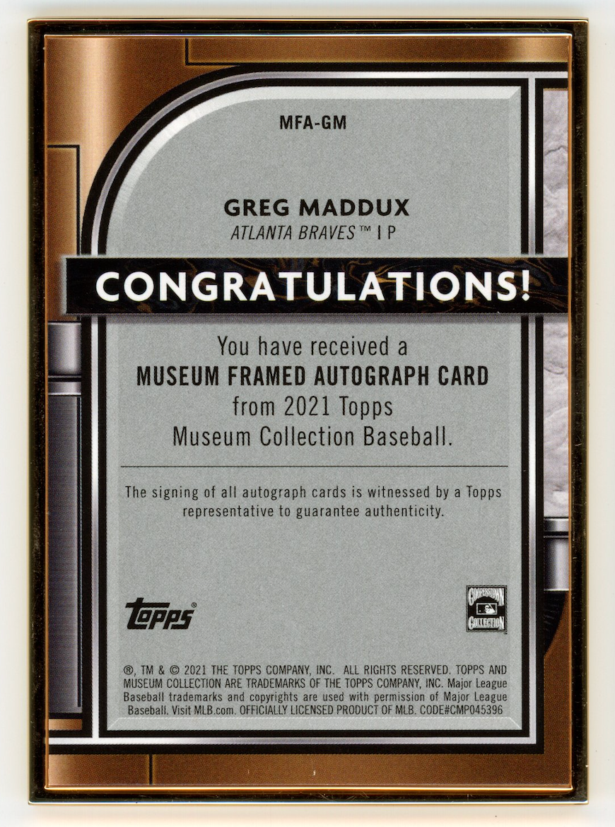 GREG MADDUX 2021 Topps Museum Collection Gold Ink Framed Auto /10 #MFA-GM Braves