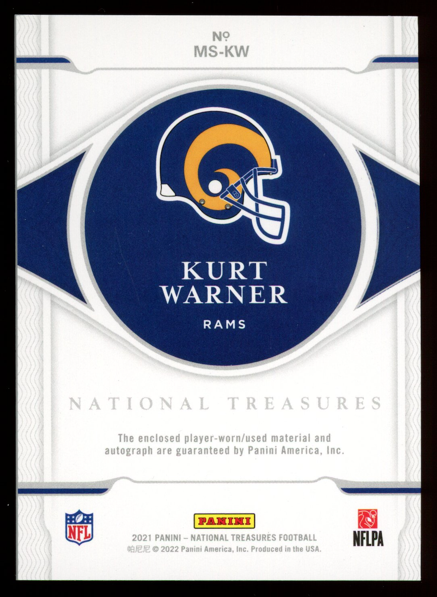 KURT WARNER 2021 Panini National Treasures Patch Auto /99 #MS-KW HOF Rams