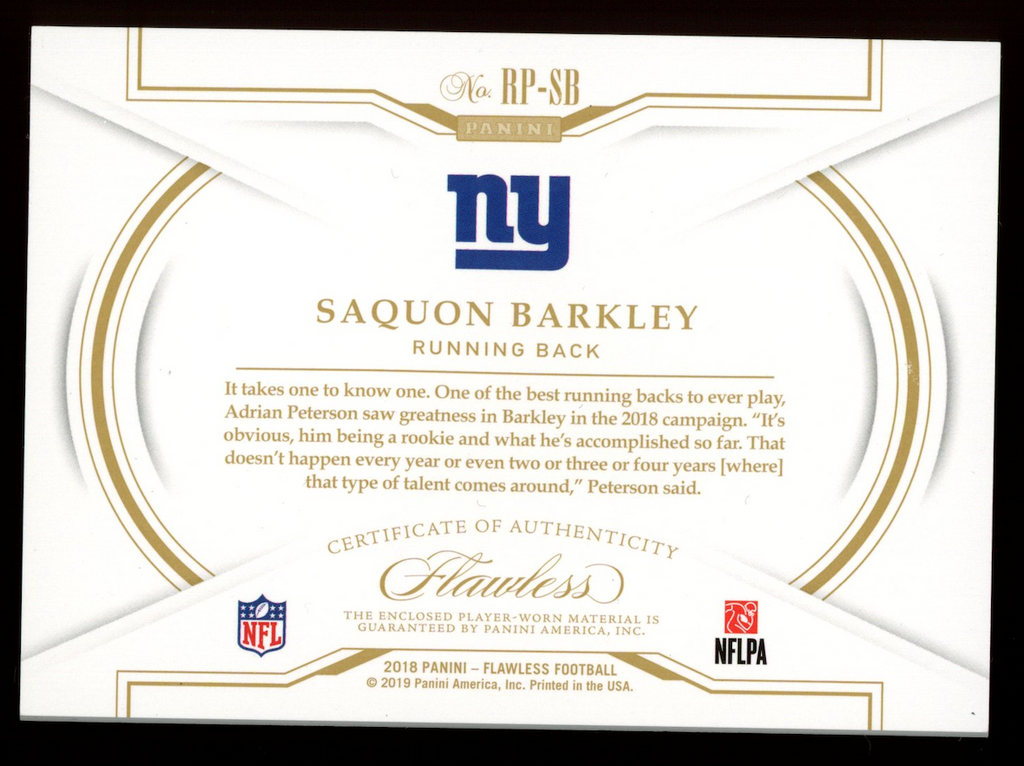 SAQUON BARKLEY 2018 Panini Flawless Rookie Patch Sapphire /10 #RP-SB Giants