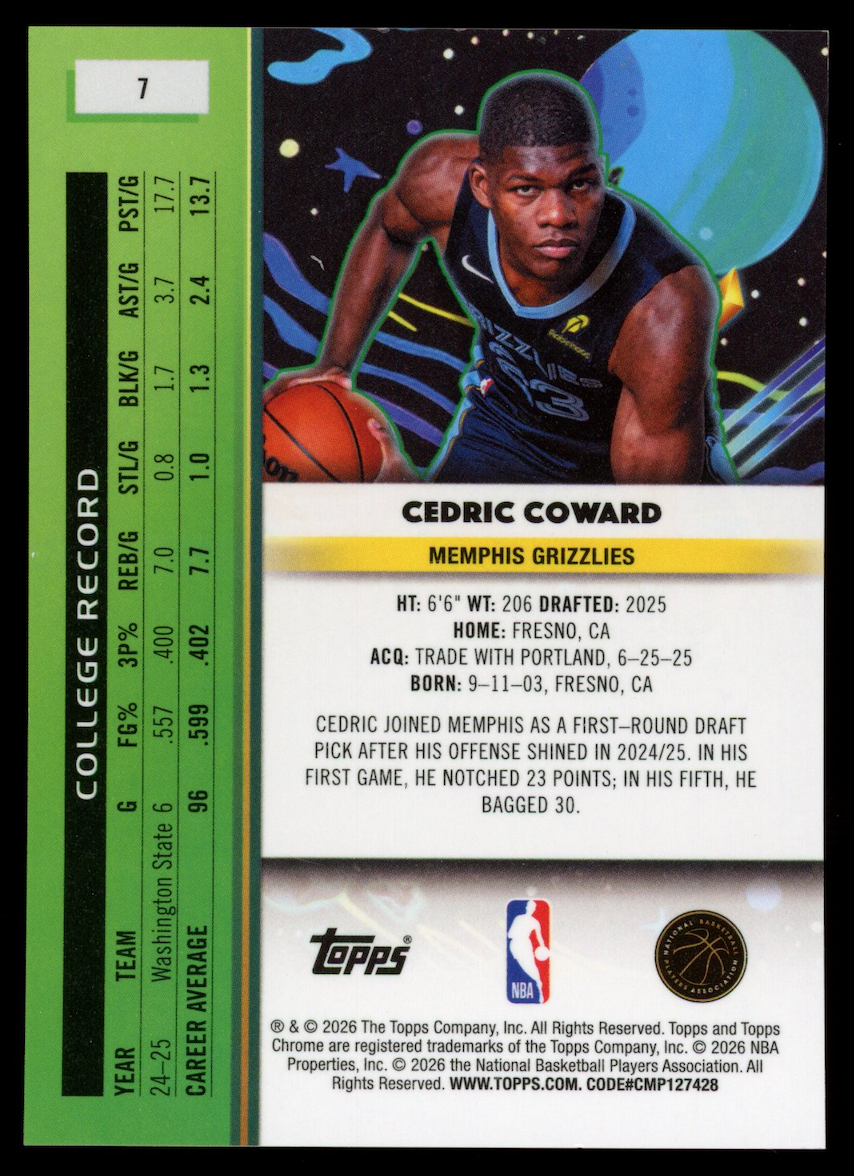 CEDRIC COWARD 2025-26 Topps Cosmic Chrome Rookie Orange Galactic /25 Grizzlies