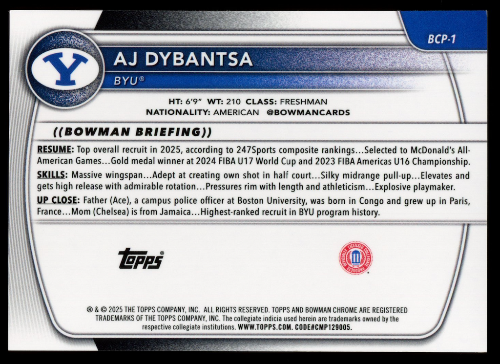 AJ DYBANTSA 2025-26 Bowman Sapphire Chrome Orange Refractor /25 #BCP-1 BYU