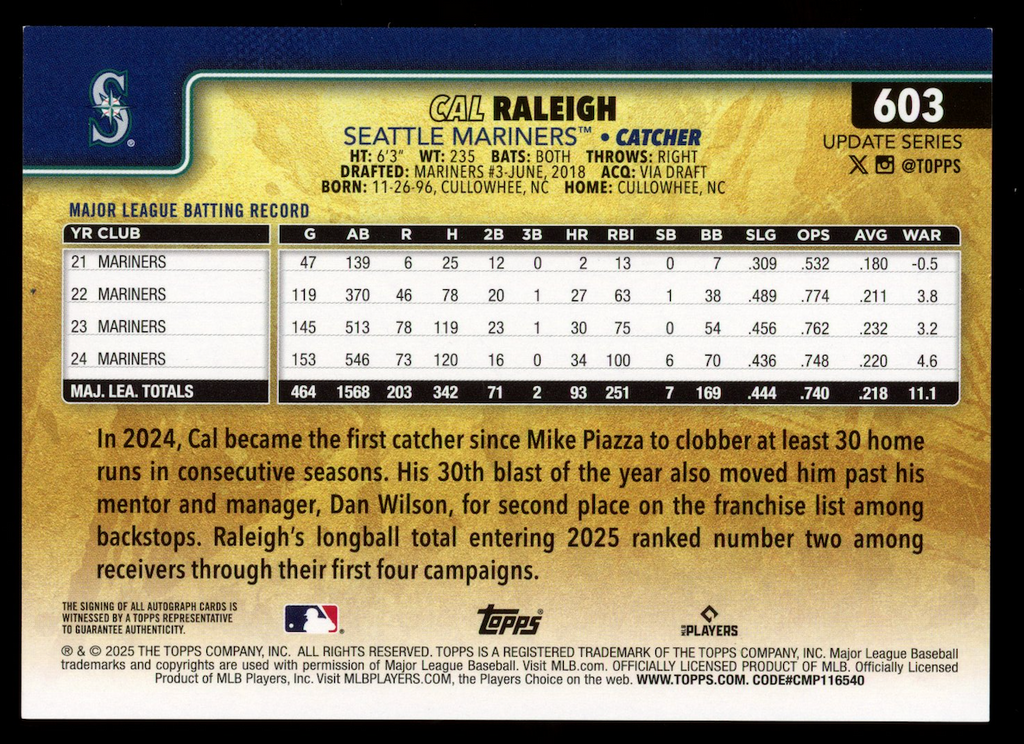 CAL RALEIGH 2025 Topps Update Series Golden Mirror Auto SSP #603 Mariners