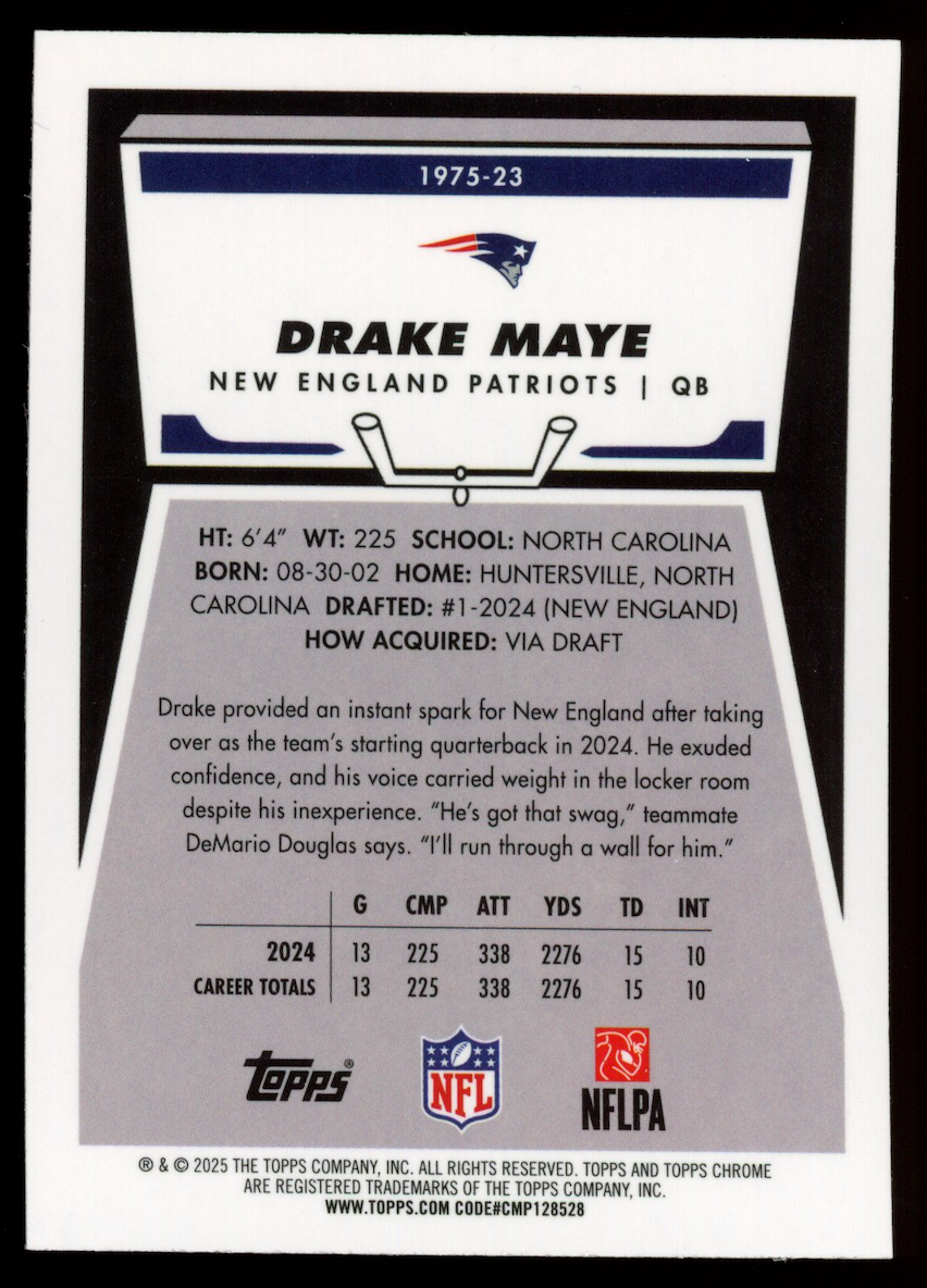 DRAKE MAYE 2025 Topps Chrome 1975 Pink Refractor /250 #1975-23 Patriots
