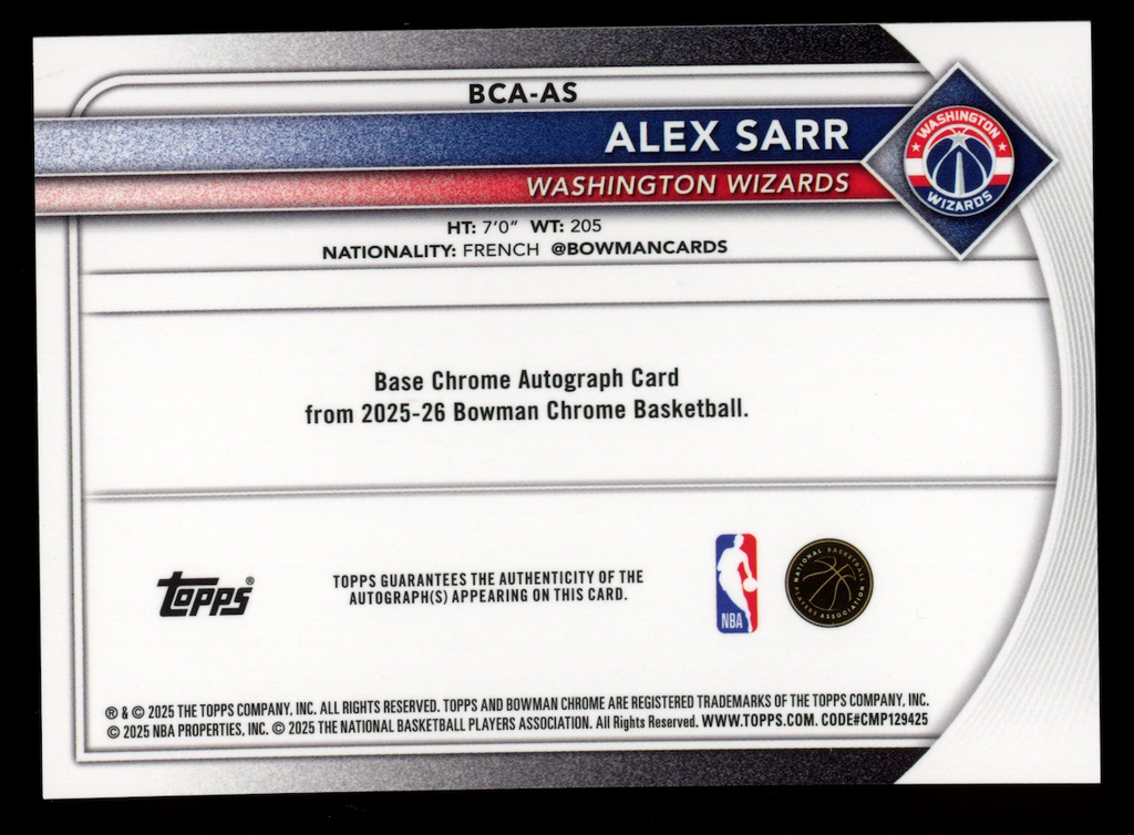 ALEX SARR 2025-26 Bowman Mega Chrome Gold Mojo Refractor Auto /50 #BCA-AS