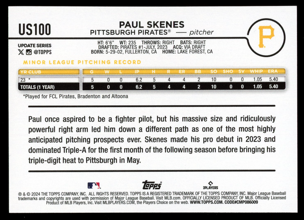 PAUL SKENES 2024 Topps Update Series Rookie Yellow Border #US100 Pirates