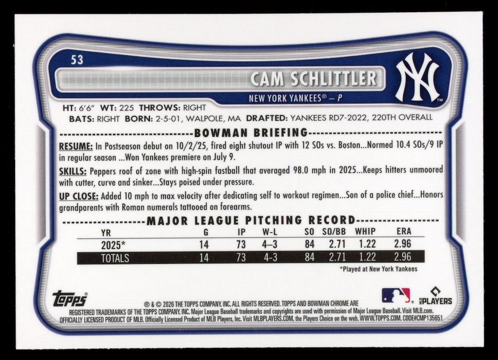 CAM SCHLITTLER 2026 Bowman Chrome Rookie Blue Mojo Refractor /150 #53 Yankees