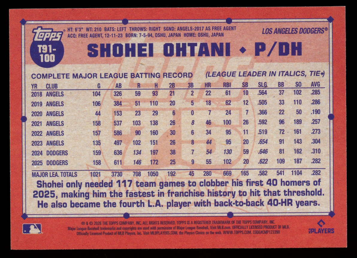 SHOHEI OHTANI 2026 Topps 75th Anniversary 1991 Green /99 #T91-100 Dodgers
