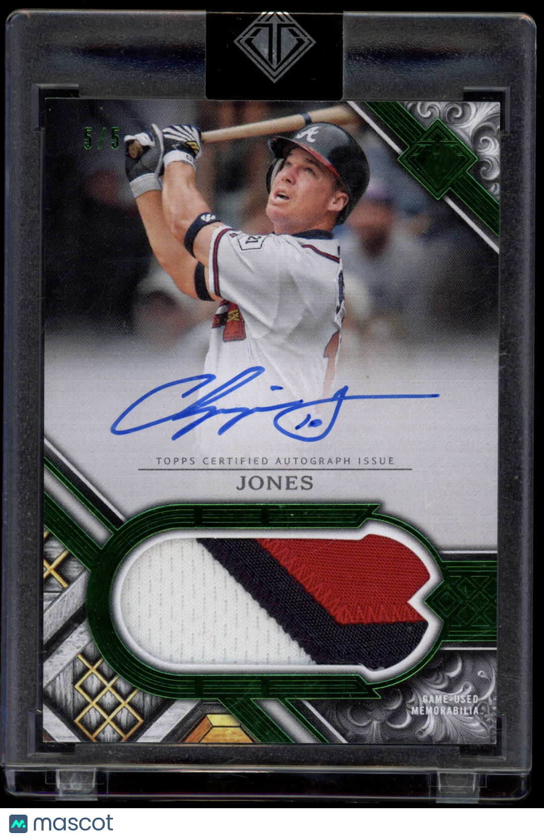 CHIPPER JONES 2025 Topps Transcendent Patch Auto Emerald /5 #PCA-CJ Braves